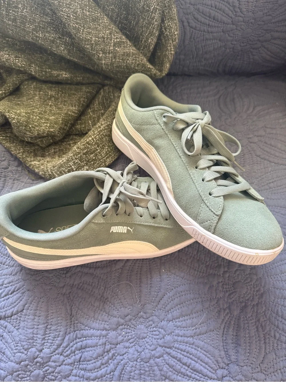 Puma Women's Suede Sneaker in Sage Green with White Stripe